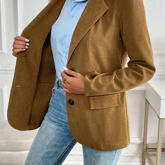 Brown Casual Women's Lapel Faux Pocket Decor Blazer - Picture 5 of 7